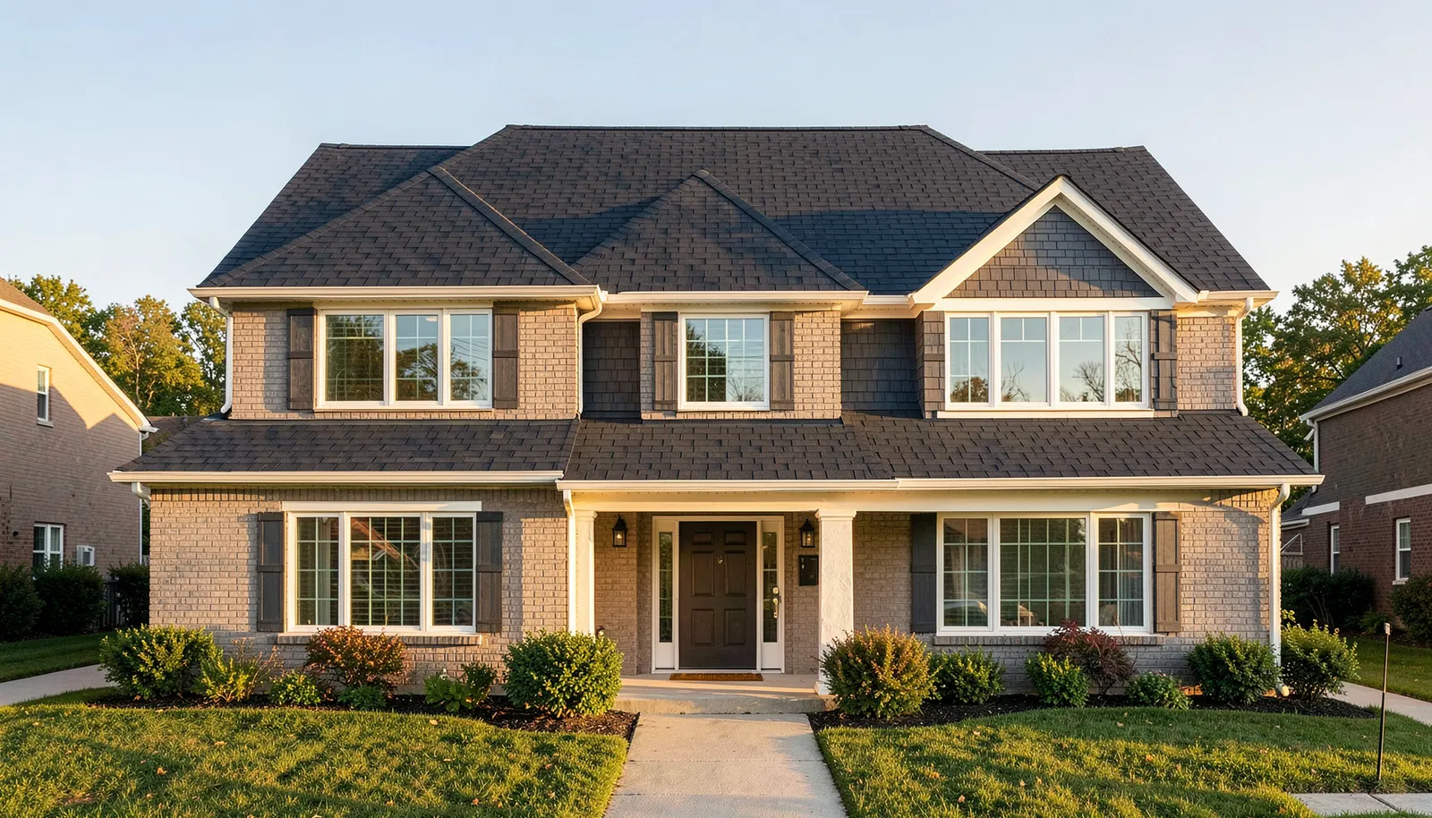 After: same house with brand new beautiful roof in sunlight